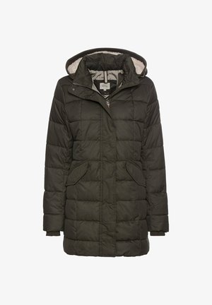 Doudoune vert foncé avec capuche, design matelassé, fermeture éclair à l'avant et deux poches latérales. Doublée d'un matériau doux et contrasté.