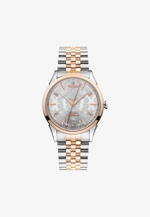 Silver and rose gold watch with a patterned dial, index markers, and a two-tone metal bracelet. Round case and smooth finish.