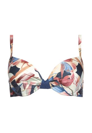 Wzorzysty biustonosz z poduszkami w delikatnych pastelowych i ciemnych kolorach. Posiada regulowane ramiączka oraz centralny detal w formie węzła. Gładkie wykończenie tkaniny.