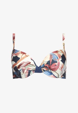 Wzorzysty biustonosz z poduszkami w delikatnych pastelowych i ciemnych kolorach. Posiada regulowane ramiączka oraz centralny detal w formie węzła. Gładkie wykończenie tkaniny.