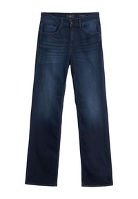 Jeans in denim blu scuro con design a gamba dritta, cinque tasche, chiusura con bottone e cerniera, e una leggera scoloritura sul tessuto.