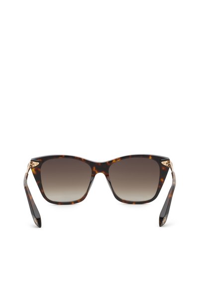 Lunettes de soleil rectangulaires à motif écaille, verres marron dégradés, branches légèrement courbées et détails de charnière dorés.