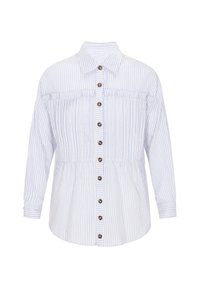 Camicia a righe blu chiaro e bianca, con orlo curvato, vita arricciata e bottoni marroni lungo la parte anteriore. Maniche lunghe.