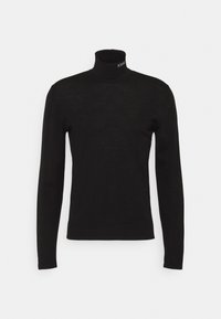 Schwarzer Rollkragenpullover aus weichem Stoff, mit langen Ärmeln und taillierter Passform. Der Kragen hat ein kleines Logo-Detail.
