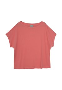 Różowo-koralowa krótka bluzka z luźnym krojem, z szerokim okrągłym dekoltem, skróconym dołem i przeszytymi brzegami, wyeksponowana na białym tle.