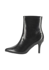 Stivaletto in pelle nera con punta appuntita, tacco sottile di 3 pollici e superficie liscia. Design semplice e lineare senza decorazioni.