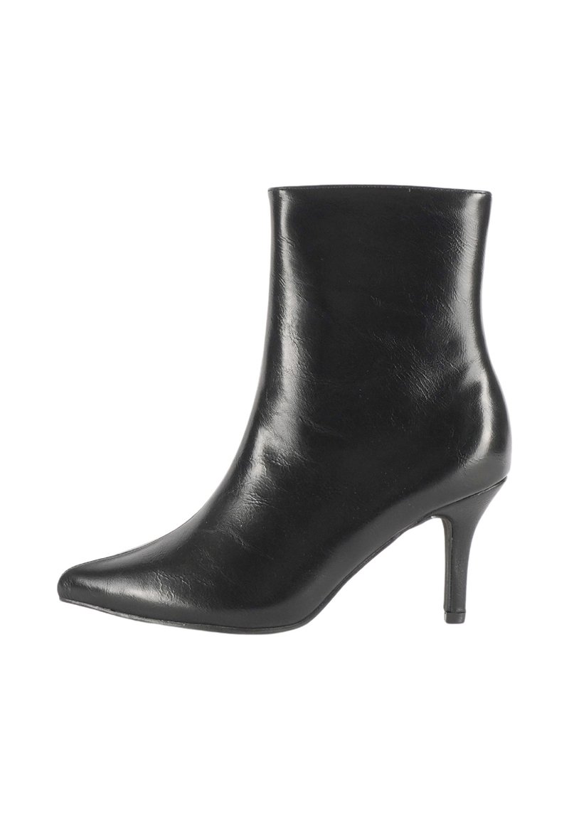 Stivaletto in pelle nera con punta appuntita, tacco sottile di 3 pollici e superficie liscia. Design semplice e lineare senza decorazioni.