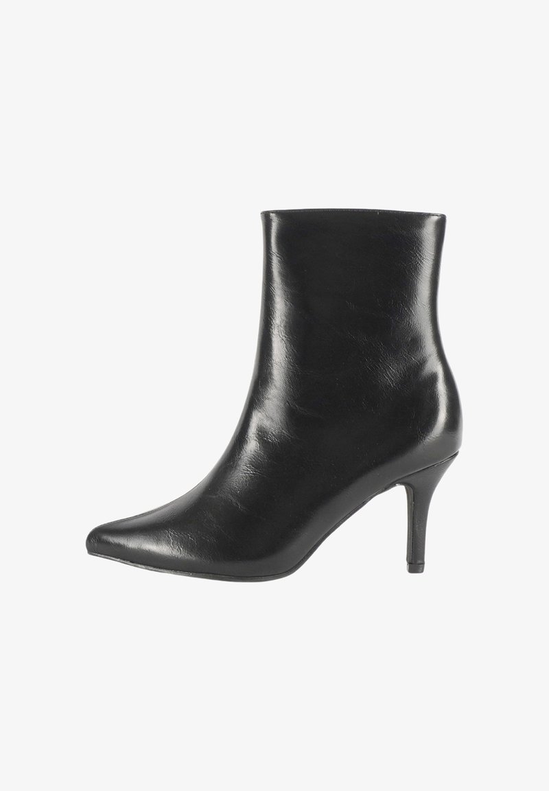 Stivaletto in pelle nera con punta appuntita, tacco sottile di 3 pollici e superficie liscia. Design semplice e lineare senza decorazioni.
