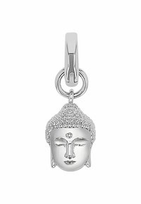 Ciondolo a forma di testa di Buddha in argento con capelli texture e caratteristiche facciali lisce. Include un anello per il fissaggio e una finitura lucida.