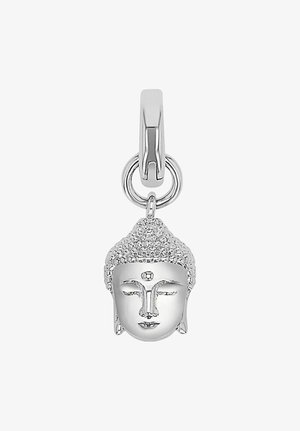 Silver Buddha head charm with textured hair and smooth facial features. Includes a loop for attachment and a shiny finish.