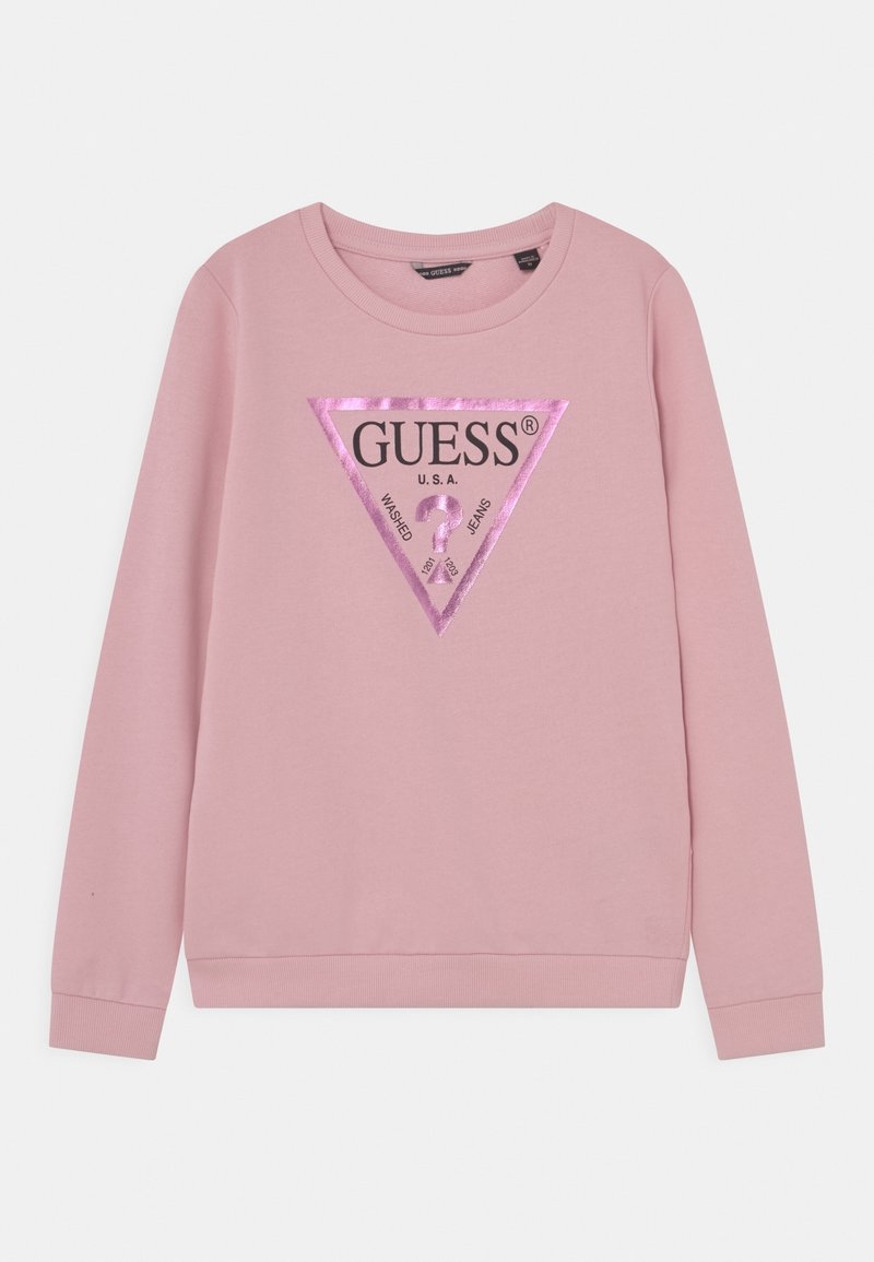 Sweat-shirt rose à manches longues avec col rond, présentant un logo triangle rose brillant avec le texte "GUESS U.S.A. Washed Jeans" sur le devant.