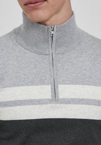 Mann trägt einen grau, weiß und schwarz gestreiften Reißverschluss-Pullover mit hohem Rippkragen, teilweise sichtbare Lippen und Kinn.