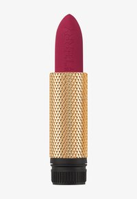 Rossetto in un caso dorato con texture a diamante e punta matte lamponi. La base presenta un meccanismo a torsione nero per la distribuzione.