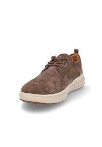 Zapatos de ante marrón con cordones, suela de goma ligera, puntera redonda y acabado texturizado. Cuenta con una lengüeta en el talón y un interior en contraste.