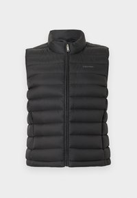 Μαύρο μπουφάν τύπου puffer χωρίς μανίκια με ψηλό γιακά, σχεδίαση με ραφές, κλείσιμο με φερμουάρ και διακριτικό λογότυπο μπροστά. Λείο, ελαφρύ υλικό.