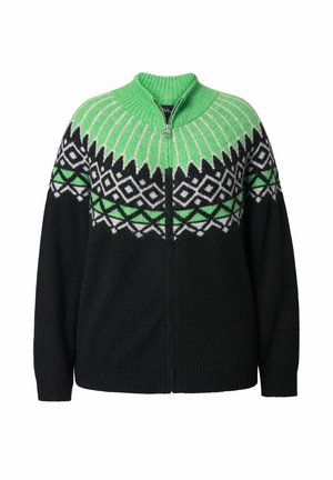 Cardigan nero con zip, decorato con un motivo geometrico verde e bianco nella zona del giogo. Realizzato in materiale morbido con polsini e colletto a costine.