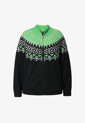 Cárdigan negro con cremallera y un patrón geométrico en verde y blanco en el área del yugo. Hecho de material suave con puños y cuello acanalados.