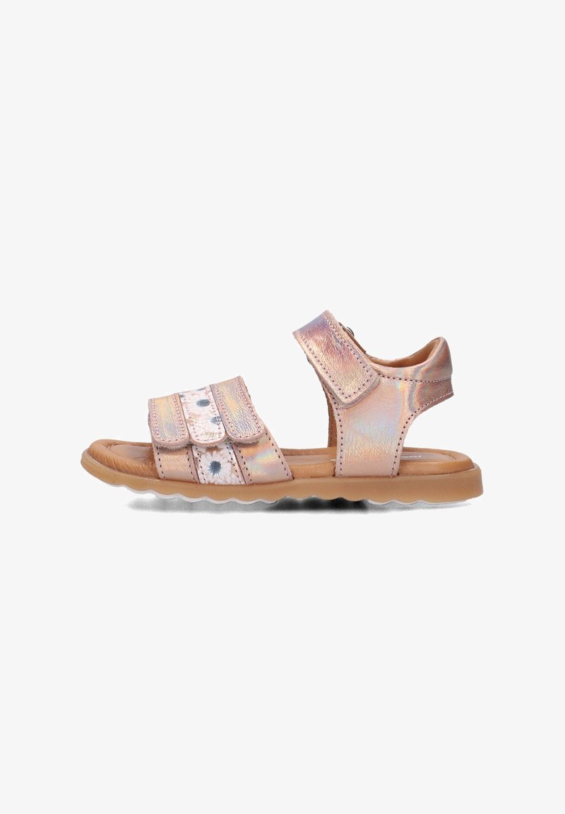 Pink iridescent sandals with floral accents, adjustable straps, and a rubber sole. Featuring a flat design and textured footbed for comfort.