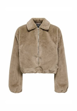 Gekürzte, beigetönige Kunstpelzjacke mit Kragen, Frontreißverschluss und langen, leicht puffigen Ärmeln. Sanfte Textur ohne sichtbare Muster oder Akzente.