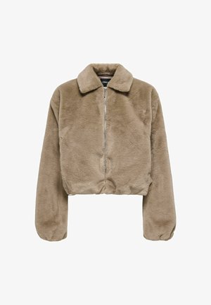 Giacca corta in finta pelliccia beige con colletto, zipper frontale e maniche lunghe leggermente a sbuffo. Tessuto morbido senza motivi o dettagli visibili.