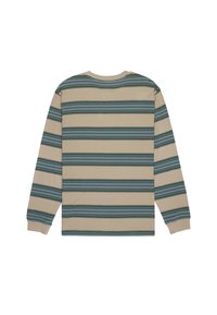 Camicia a maniche lunghe beige con righe orizzontali in teal, blu navy e azzurro. Tessuto morbido con colletto girocollo e vestibilità regolare.