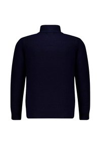 Pull marin avec col haut, poignets et ourlet côtelés. Texture tricotée, design simple et couleur unie. Convient pour une tenue décontractée.