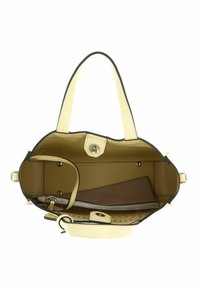 Sac à main en cuir jaune avec garniture noire, comprenant une poche intérieure zippée, une texture lisse et une forme structurée. Éléments métalliques rivetés inclus.