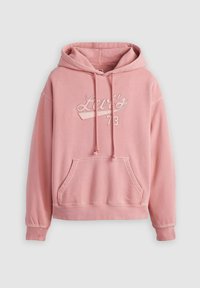 Sudadera con capucha de tela suave en color rosa claro, con un bolsillo frontal, mangas con puños, y el logo bordado "Levi's 73" en un tono contrastante.