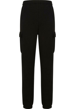 Pantaloni cargo neri con vestibilità affusolata, dotati di tasche laterali e cintura elastica per il massimo comfort. Realizzati in un tessuto morbido.