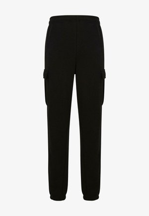 Pantaloni cargo negri cu o croială ajustată, dotati cu buzunare laterale și o bandă elastică la talie pentru confort. Fabricati dintr-un material moale.