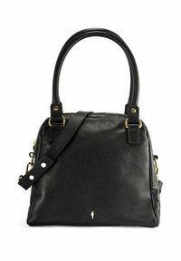 Czarna torebka skórzana o teksturowanej powierzchni, z podwójnymi uchwytami, odpinanym paskiem na ramię oraz małymi złotymi akcentami okucia.