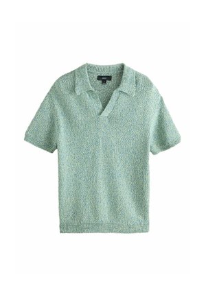 Kurzärmliges, gestricktes Poloshirt aus strukturierter, hellgrüner Stoff mit weichem Kragen und offenem V-Ausschnitt.