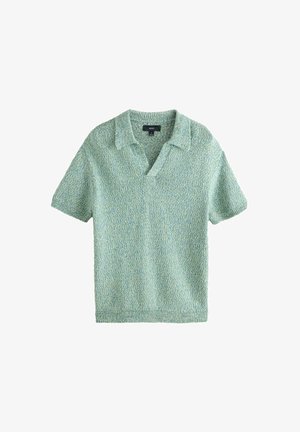 Kortærmet strikket polo i et struktureret, lysegrønt stof med en blød krave og åben V-hals.