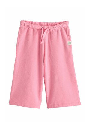 Pink knælange shorts med elastik i taljen, snørre, sidelommer og en lille regnbueapplikation på højre side.