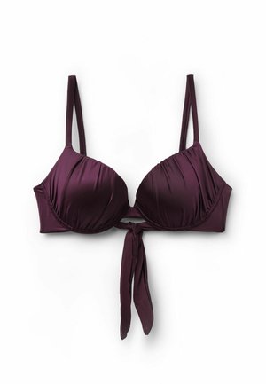 Dunkellila gepolsterter BH mit dünnen verstellbaren Trägern und vorderer Schleifendetail, dargestellt auf weißem Hintergrund.