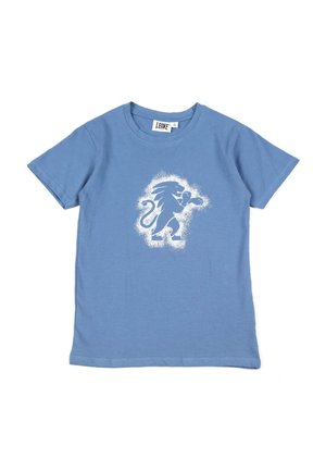 T-shirt bleu à manches courtes avec un motif blanc représentant un lion boxeur sur la poitrine.