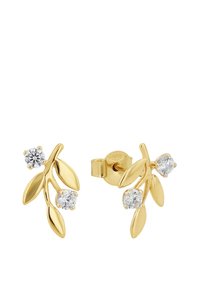 Gold-tone earrings shaped like olive branches, featuring two clear cubic zirconia stones and smooth, shiny leaf accents.