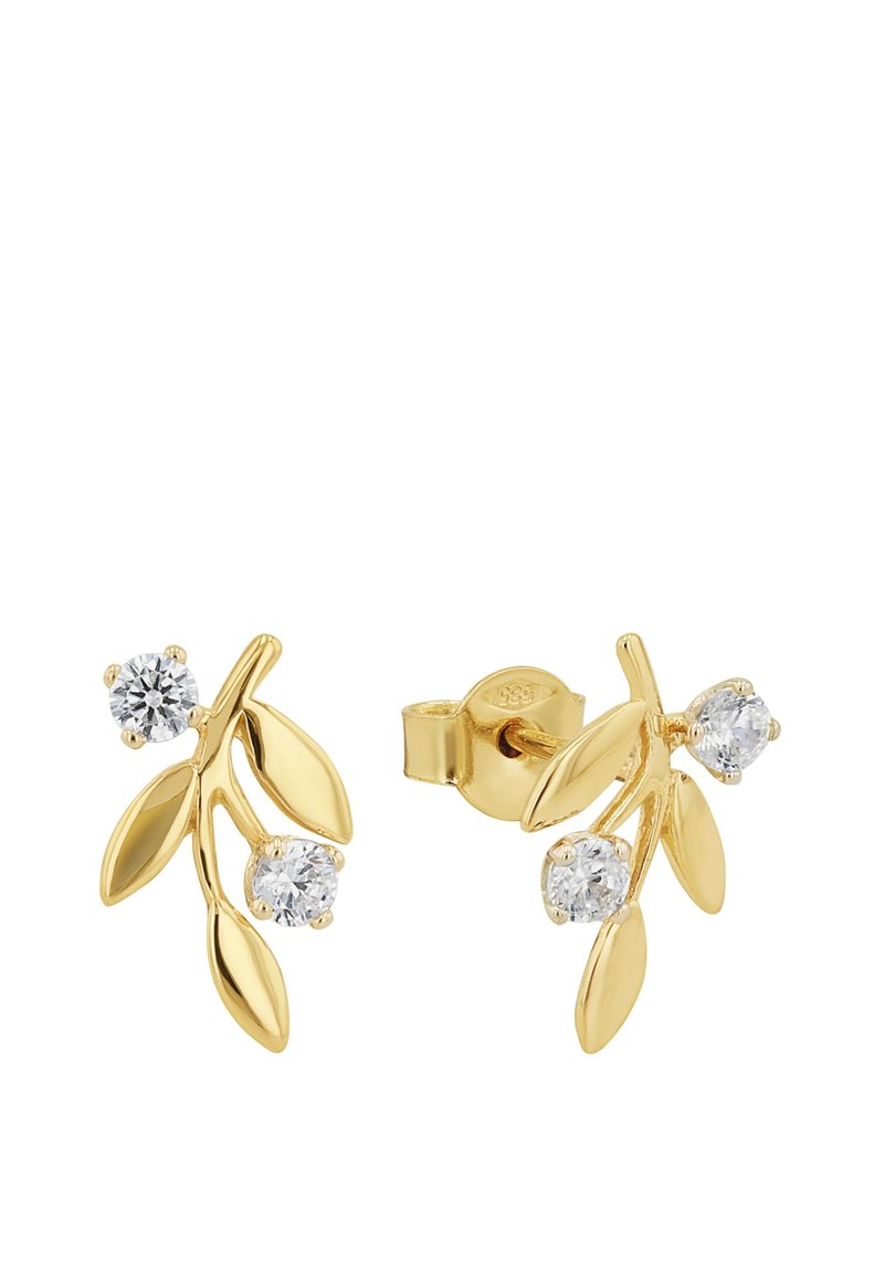 Gold-tone earrings shaped like olive branches, featuring two clear cubic zirconia stones and smooth, shiny leaf accents.