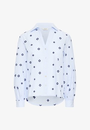 világoskék, hosszú ujjú blúz, tengerészkék virágmintás hímzéssel, gombos elülső rész, gallérral és ráncolt mandzsettával.