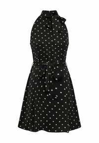 Rochie neagră cu guler halter și buline albe, cu legătură la gât și la talie, fustă evazată, țesătură fină și închidere cu fermoar la spate.