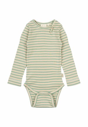 Langarm-Bodysuit aus weichem Rippstoff, cremefarben mit grünen horizontalen Streifen, runder Ausschnitt, Druckknopfverschlüsse am Boden.