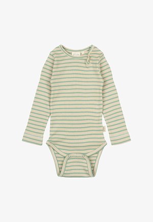 Ilga rankovė bodis iš minkštos briaunotos medžiagos, kreminės spalvos su žaliomis horizontalinėmis juostelėmis, apvalus iškirpimas, su snapeliu apatinėje dalyje.