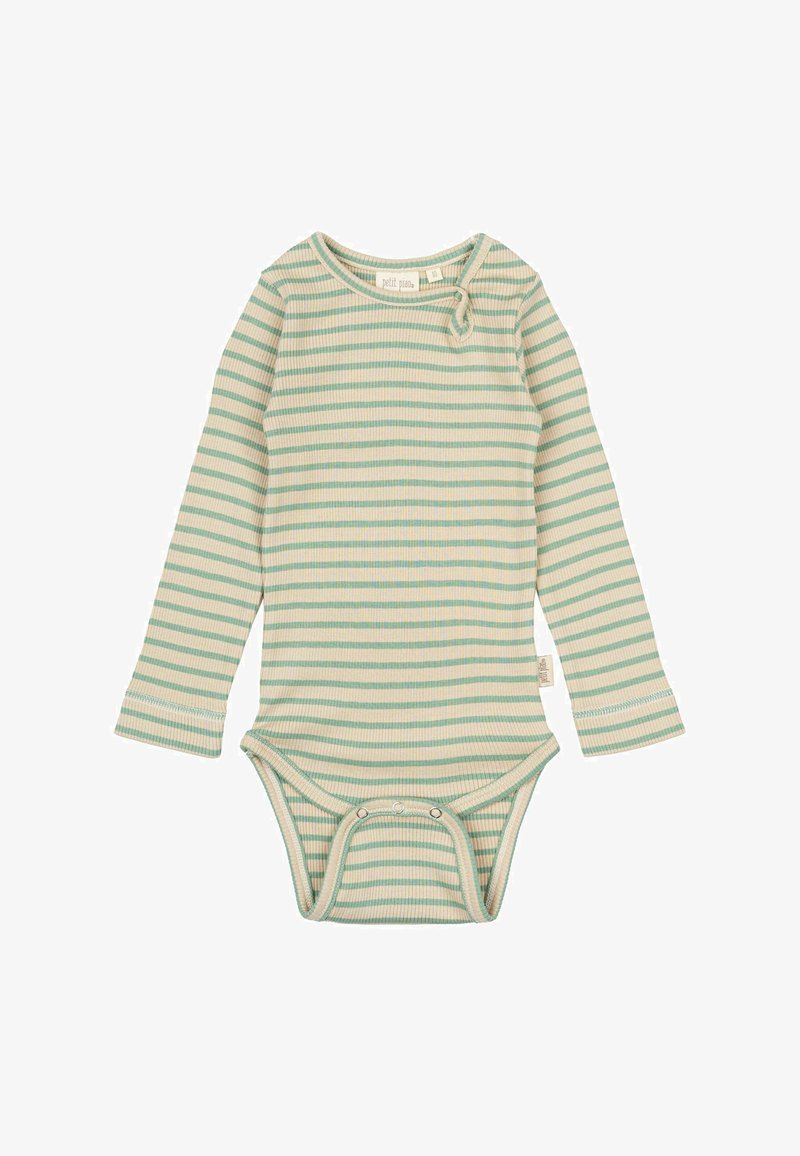 Bodystocking z dolgimi rokavi iz mehkega rebrastega materiala v kremni barvi z zelenimi vodoravnimi črtami, okrogla izrezana vrhnja stran, s pritrdilnimi gumbi na dnu.