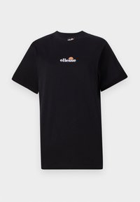 Sort bomulds T-shirt med korte ærmer, med en rund halsudskæring og et hvidt broderet logo med orange detalje på brystet.