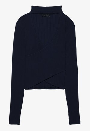 Navy blue ribbed wrap top with a high collar, long sleeves, and a v-neck design. Features a layered look at the front and a fitted shape.