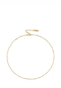 Gold chain bracelet with small, round links and a lobster clasp. Features a short adjustable chain extension for size customization.