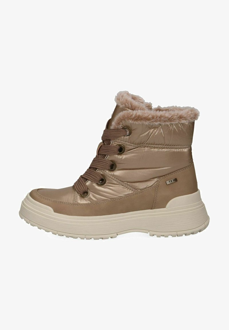 Braune wasserdichte Stiefeletten mit Kunstfellbesatz,_textiloberfläche, runde Zehen und gemusterte Gummisohle. Enthält Metallösen und Schnürverschluss.