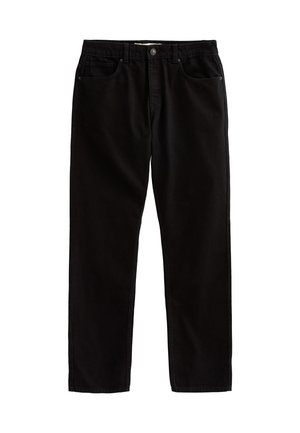 Jeans en denim noir avec une coupe droite, cinq poches, fermeture à bouton métallique et détails de couture le long des coutures.