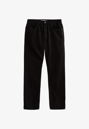 Czarne dżinsy o prostym kroju nogawek, pięć kieszeni, metalowe zapięcie na guzik oraz detale szycia wzdłuż szwów.