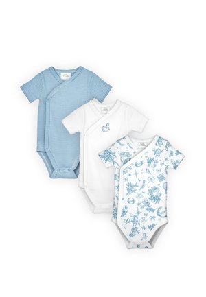 Set di tre body per bambini con maniche corte e chiusure laterali a scatto: a righe blu, bianco semplice con piccolo disegno e bianco con motivo floreale blu.
